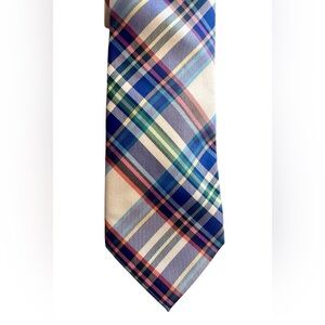 Express 100% Silk Plaid Tie - White Blue Red - Preppy